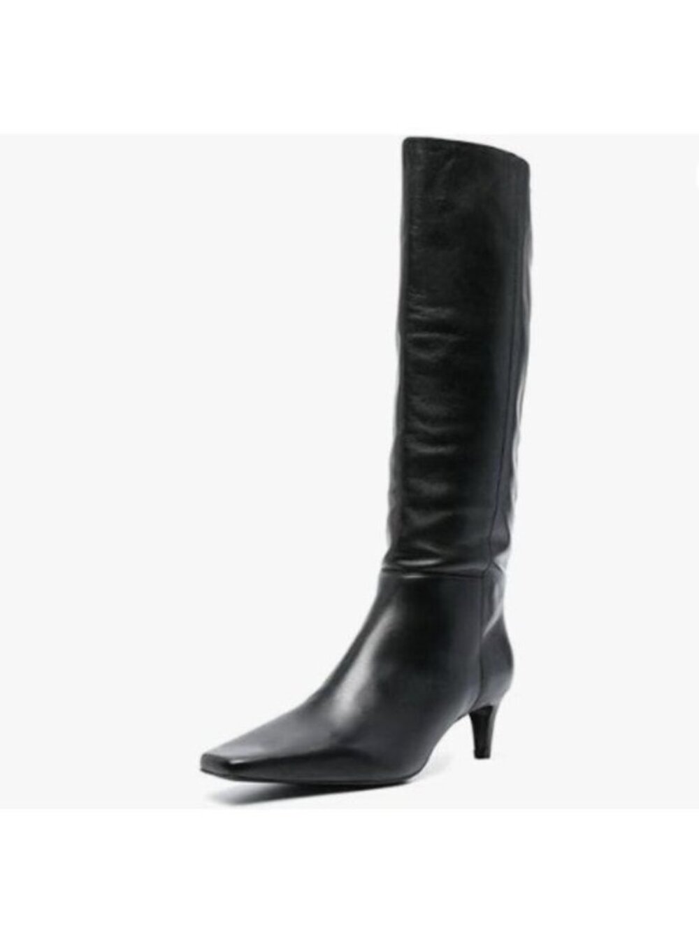 miss left Women Stretchy Knee High Boots Closed Square Toe Low Kitten Heel Black